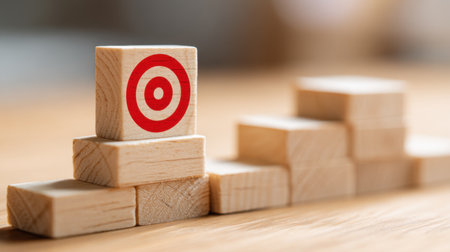 This image showcases a stack of wooden blocks with a target symbol, symbolizing goals and achievements in various fields. Perfect for concept visuals.の素材