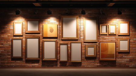 This image showcases an elegant gallery wall adorned with a variety of empty frames against a rustic brick background, creating a warm and inviting ambiance perfect for art displays.の素材