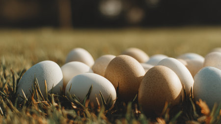 A collection of freshly laid eggs scattered on lush green grass, illuminated by warm sunlight, creating a serene rural scene capturing nature's bounty.の素材