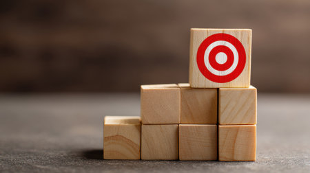 A stack of wooden blocks featuring a target symbol on the top, representing the pursuit of goals and success in business and personal development.の素材