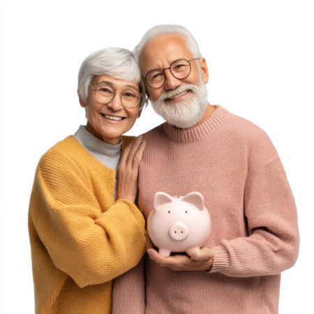 A senior couple joyfully holding a piggy bank, dressed in cozy sweaters, representing financial security and happiness in retirement.の素材