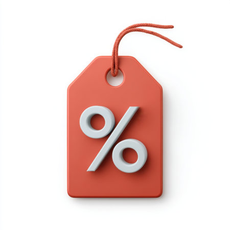 A vibrant red price tag featuring a prominent white percentage symbol, ideal for representing discounts, promotions, and sales in marketing materials.の素材