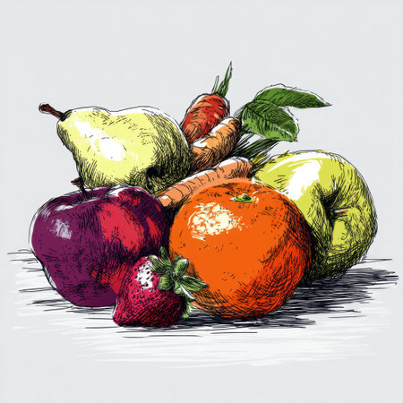A vibrant hand-drawn illustration of fresh fruits and vegetables, including apples, pears, oranges, and carrots, ideal for food-related projects.の素材