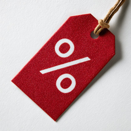 Bright red discount tag featuring a percentage symbol, perfect for highlighting sales, promotions, and special offers in retail settings.の素材