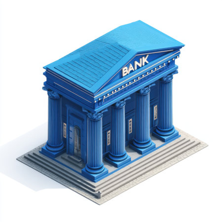 A vibrant blue bank building featuring traditional columns and a decorative roof, ideal for financial or architectural projects and presentations.の素材