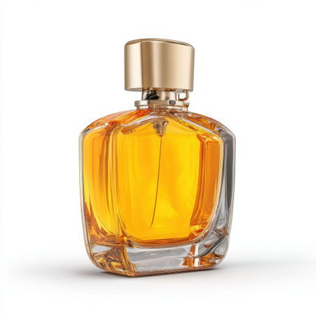 A stylish glass perfume bottle with a striking golden cap features an amber liquid, perfect for capturing elegance and luxury in product photography.の素材