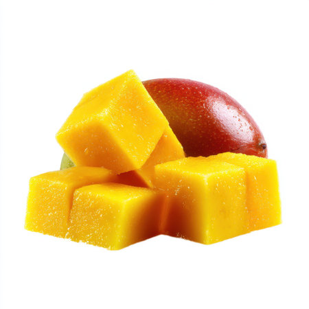 This image showcases fresh mango slices and cubes, emphasizing vibrant colors and a healthy appeal, perfect for culinary presentations or healthy eating concepts.の素材