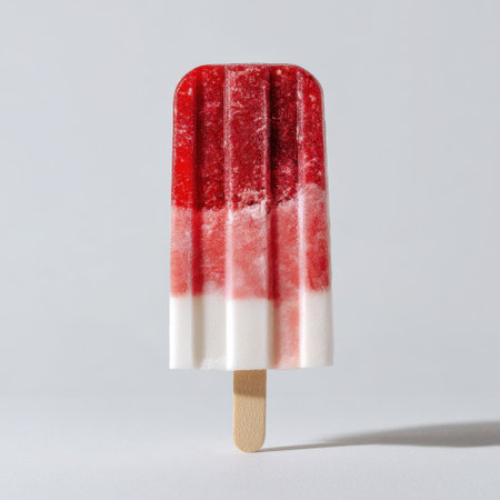 A vibrant red and white popsicle rests on a wooden stick, inviting refreshment. Perfect for summer days and sweet cravings, this dessert highlights simple pleasures.の素材