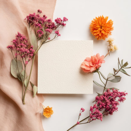 A stunning arrangement of vibrant flowers and a blank card on a soft fabric background, perfect for creative projects and celebrations.の素材
