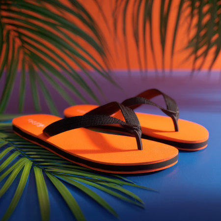 A stunning pair of vibrant orange flip flops rests on a colorful background, surrounded by lush tropical leaves, evoking summer relaxation and fun.の素材