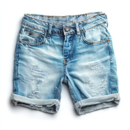 Explore these trendy light blue denim shorts featuring a distressed look and rolled cuffs, perfect for summer casual wear and everyday style.の素材