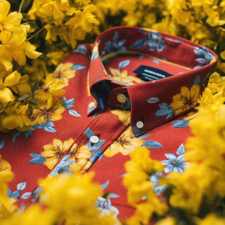 A bright red floral print shirt lies nestled among cheerful yellow flowers, creating a vibrant scene perfect for fashion and lifestyle themes.の素材