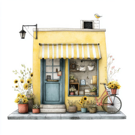 This illustration depicts a charming yellow storefront with a vintage bicycle and beautiful sunflowers. The inviting shopfront exudes warmth and creativity.の素材