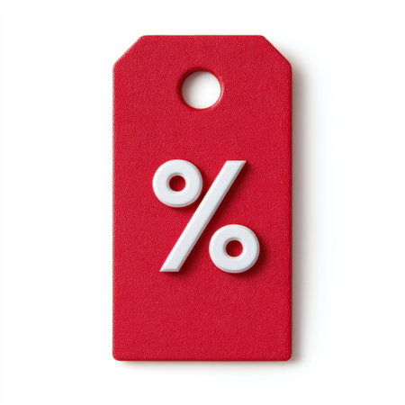 A striking red discount tag featuring a bold white percentage sign, perfect for representing sales, promotions, and marketing strategies.の素材