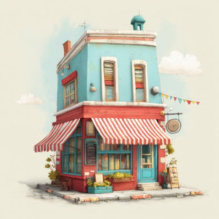 A quaint small building featuring a vibrant facade and striped awning, surrounded by decorative flowers, creating an inviting atmosphere.の素材