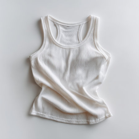 A minimalist white ribbed tank top laid flat on a light gray surface, showcasing its texture and design, perfect for casual or active wear displays.の素材