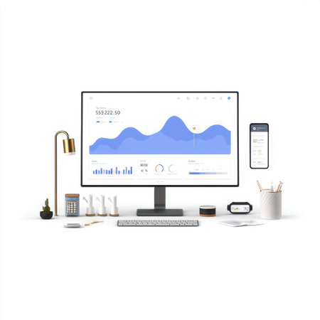A modern workspace featuring a computer and smartphone displaying data visualization tools, perfect for productivity and organization.の素材