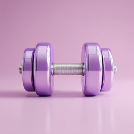 This image features a bright purple dumbbell against a soft pink background, perfect for highlighting fitness and exercise themes in various projects.の素材