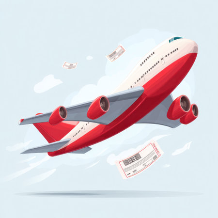 A vibrant illustration of a colorful airplane taking off amidst fluffy clouds, accompanied by floating flight tickets, symbolizing travel and adventure.の素材