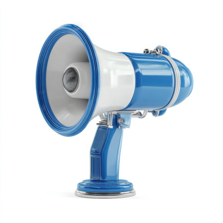 Bright blue vintage megaphone designed for announcements and promotions. Perfect for events, marketing campaigns, and public speaking, this stylish piece combines retro charm with modern functionality.の素材