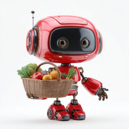 This adorable red robot character holds a woven basket filled with fresh fruits and vegetables, showcasing a blend of technology and nature.の素材