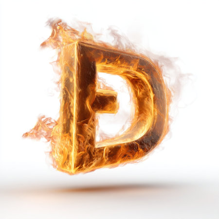 Bright flaming letter D emerges with dynamic fire and smoke effects, ideal for creative projects, digital art, and branding designs.の素材