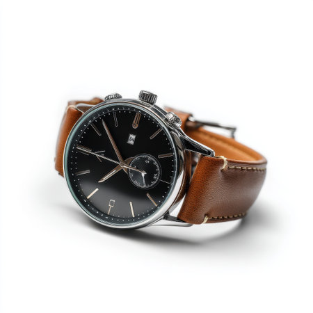 A beautifully crafted classic watch featuring a black dial and a rich brown leather strap, perfect for adding elegance to any outfit.の素材