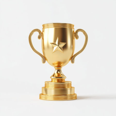 This stunning golden trophy featuring a star symbol embodies achievement and success, perfect for representing awards and competitions in various fields.の素材