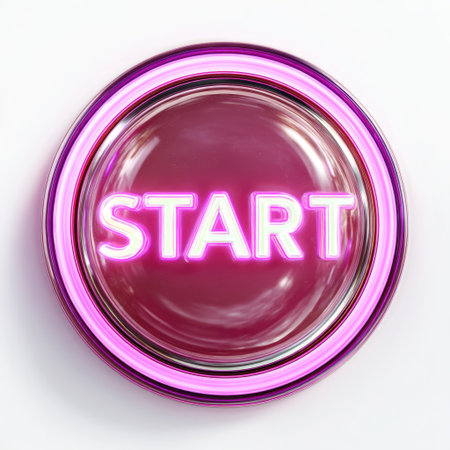This stock photo features a bright neon start button with a glowing pink edge on a clean white background, perfect for any dynamic visual project.の素材