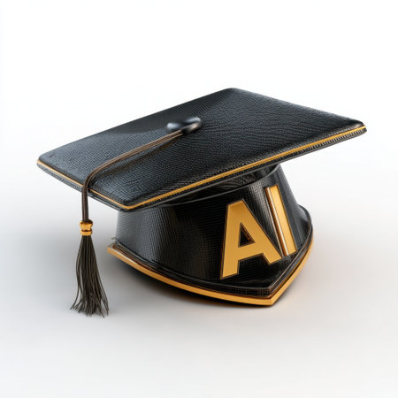 This image features a graduation cap adorned with the AI symbol, representing the intersection of education and technology. Ideal for themes of innovation and progress.の素材