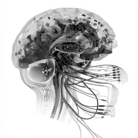 This abstract image showcases a brain intertwined with circuit elements, symbolizing the fusion of technology and intelligence, representing innovation and creativity.の素材