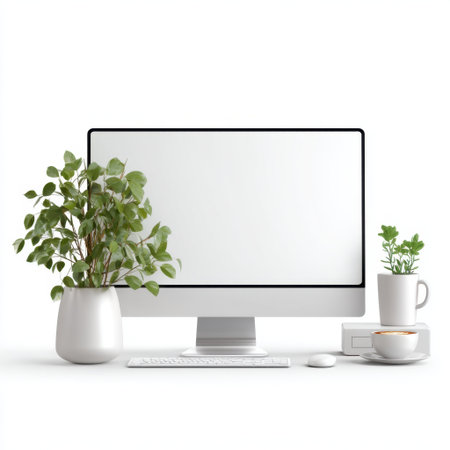 A modern workspace featuring a computer, keyboard, and pots of greenery. Perfect for showcasing a productive and stylish home office setup.の素材
