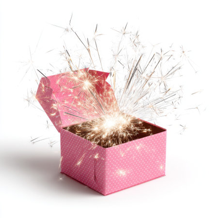 A vibrant pink gift box bursts open, releasing a dazzling display of sparkles and fireworks. Perfect for celebrating special moments and surprises.の素材