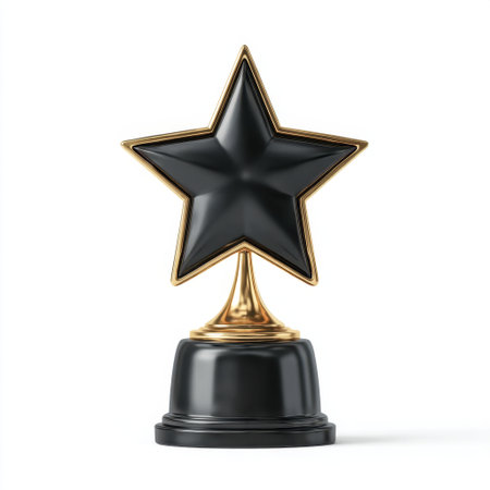 This elegant black star trophy features gold accents and is designed for various recognition and achievement celebrations. Perfect for awards!の素材