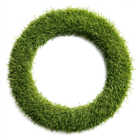 This vibrant circular grass wreath features a lush green color and an empty center, perfect for creative home decor and seasonal displays.の素材