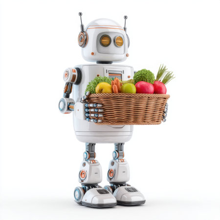 A cheerful robot stands proudly holding a basket filled with vibrant fruits and vegetables, representing innovation in sustainable living and technology.の素材