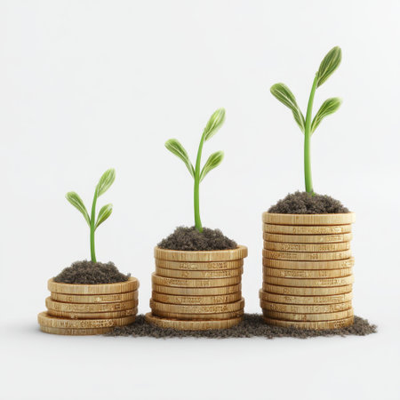 This image illustrates the concept of growth and prosperity, featuring green plant sprouts emerging from stacked coins in a clean minimalist design, symbolizing financial success and environmental awareness.の素材