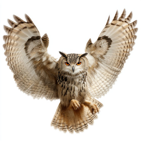 A stunning portrayal of an owl in flight, showcasing its magnificent wings and striking eyes. This image celebrates wildlife and the beauty of nature.の素材