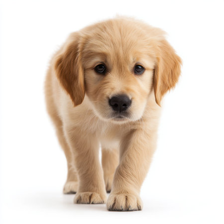 A charming golden retriever puppy walks toward the camera, showcasing its fluffy coat and innocent demeanor against a clean white background.の素材