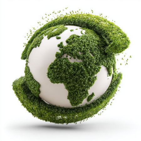 This image illustrates a creative concept of a globe enveloped in green foliage, symbolizing the importance of environmental sustainability and natureの素材