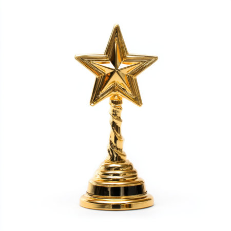 This elegant gold star trophy stands tall on a classic base, symbolizing achievement and success. Perfect for awards and recognition events, this trophy adds a touch of prestige to any celebration.の素材