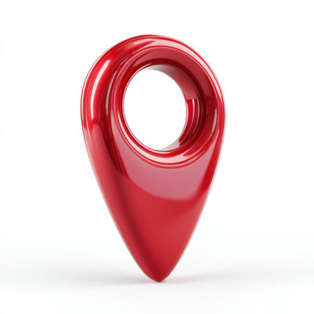 This image features a glossy red location marker icon set against a clean white background, ideal for various navigation and mapping projects.の素材