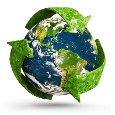 A vibrant depiction of Earth encircled by green recycling arrows, symbolizing global efforts to promote sustainability and environmental awareness.の素材