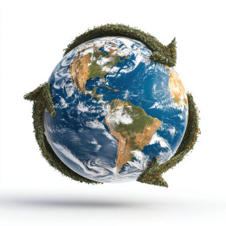 This striking image features a globe wrapped in green foliage and arrows, illustrating themes of sustainability, conservation, and the importance of protecting our planet for future generations.の素材