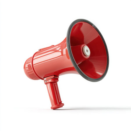 A vibrant red megaphone ideal for making announcements and engaging audiences at events, protests, or promotional activities. Its clear sound projection enhances communication.の素材