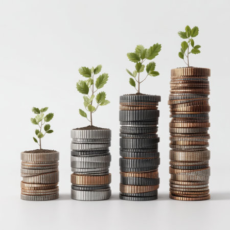 This image depicts stacked coins with green plants growing from them, illustrating the concept of growth and financial success. Perfect for finance and investment themes.の素材