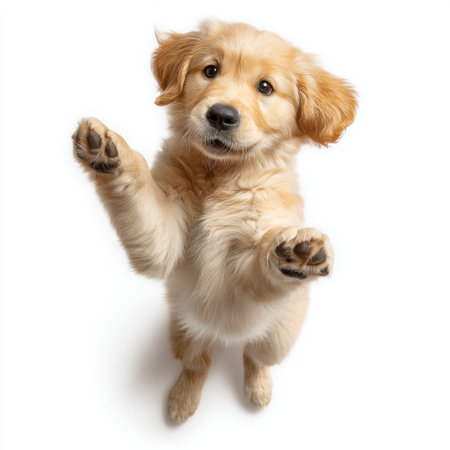 This charming golden retriever puppy brings joy with its playful demeanor and irresistible expression. Perfect for pet lovers and animal enthusiasts.の素材