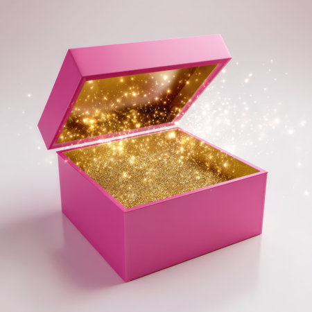 A vibrant pink gift box stands open, revealing a cascade of shimmering gold dust and sparkles, perfect for celebrations and special moments.の素材