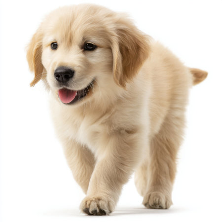 A joyful golden retriever puppy walks with a playful spirit, showcasing its fluffy coat and friendly demeanor, perfect for family or pet themes.の素材