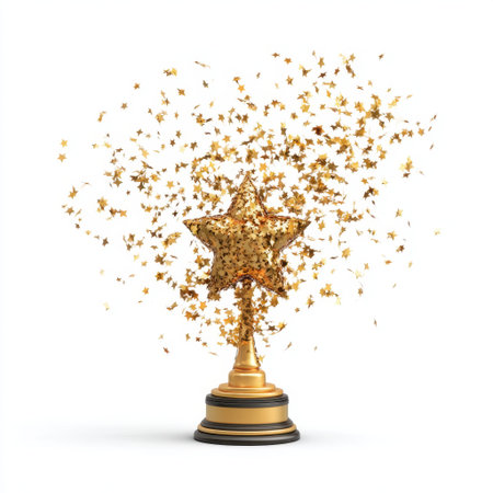 A shimmering golden star trophy surrounded by sparkling confetti, perfect for celebrating achievements and special occasions. Ideal for awards ceremonies.の素材